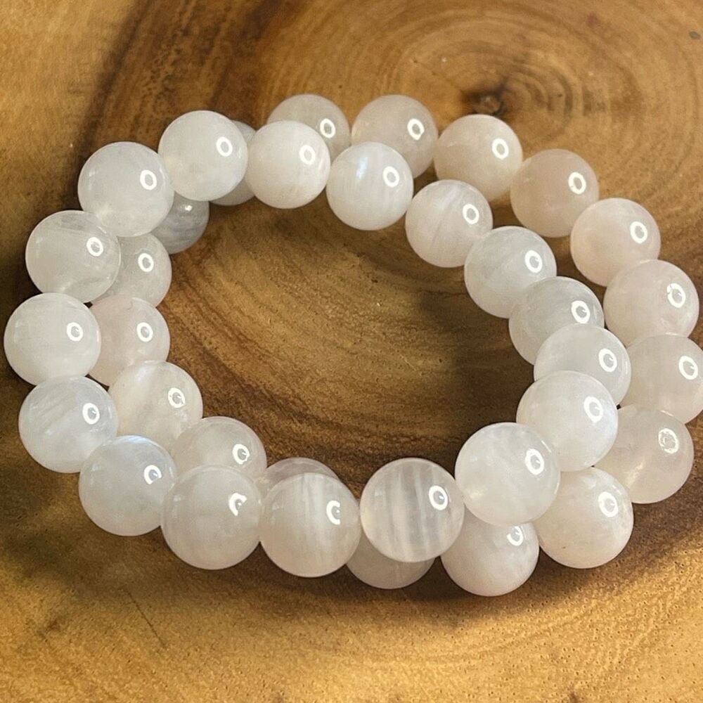 White Moonstone beaded bracelet 7” crystal healing beads 8mm blue flash